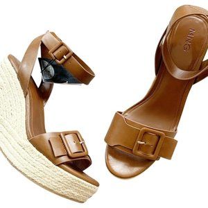 Mango Brown Leather Buckle Wedges